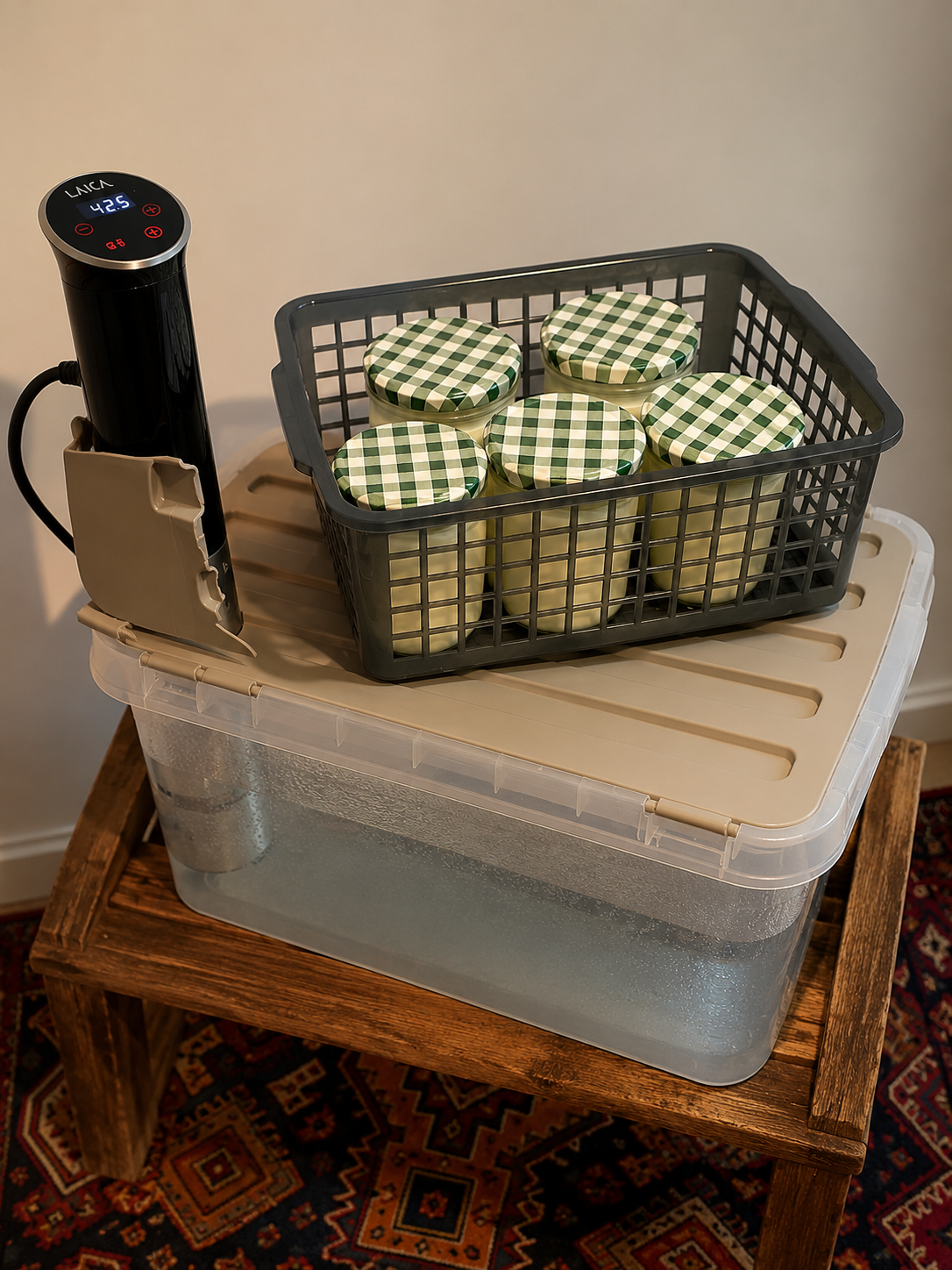 Temperaturgesteuertes Wasserbad mit Joghurt-Gläsern bei 42,5 °C — حمامِ آبِ دماکنترل‌شده در ۴۲٫۵ درجه
